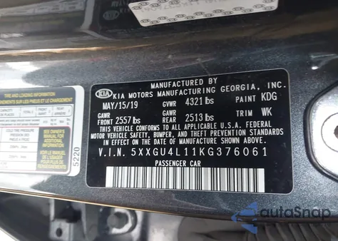 2019 Kia Optima Ex z USA, uszkodzony, nr VIN 5XXGU4L11KG376061